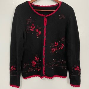Vintage Y2K Black Red Beaded Embroidery Cardigan Sweater Size Medium